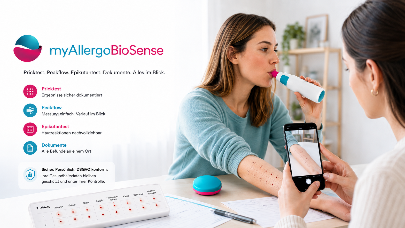 AllergoBioSense-Startansicht mit Messwertverläufen und verbundenen Quellen