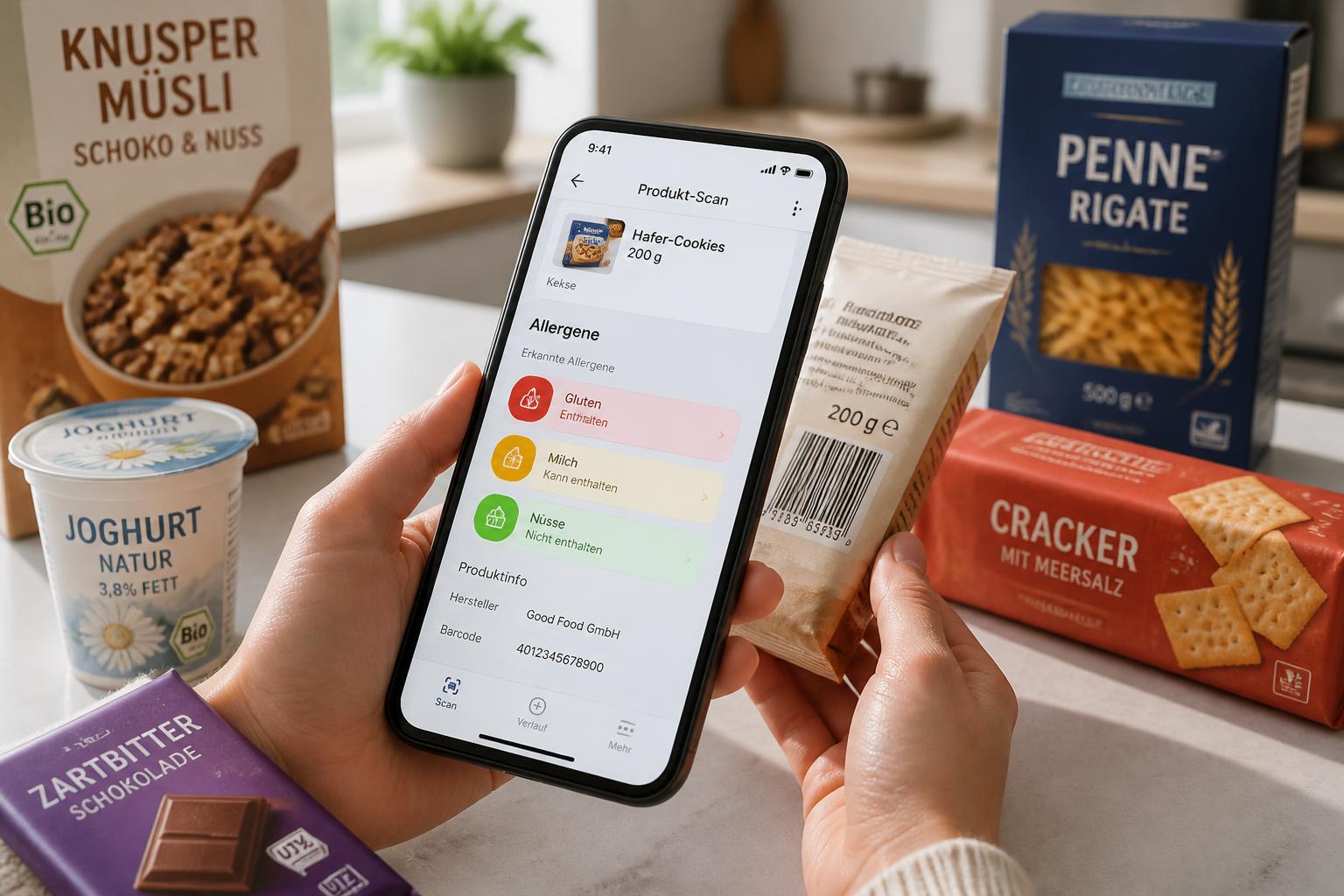 Küchentheke mit verpackten Fertigprodukten (Knusper-Müsli, Naturjoghurt, Penne-Pasta, Cracker, Zartbitter-Schokolade, Hafer-Kekse). Eine Hand hält ein Smartphone, das den Barcode einer Keks-Packung scannt; die App zeigt Allergen-Chips: Gluten rot (enthalten), Milch gelb (kann enthalten), Nüsse grün (nicht enthalten).