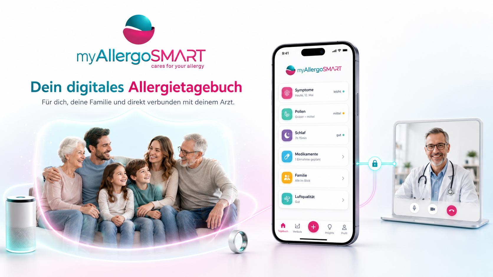 Familie mit App-Bildschirm des Allergietagebuchs, verbunden mit Arzt-Videosprechstunde, Luftreiniger und Wearable-Ring