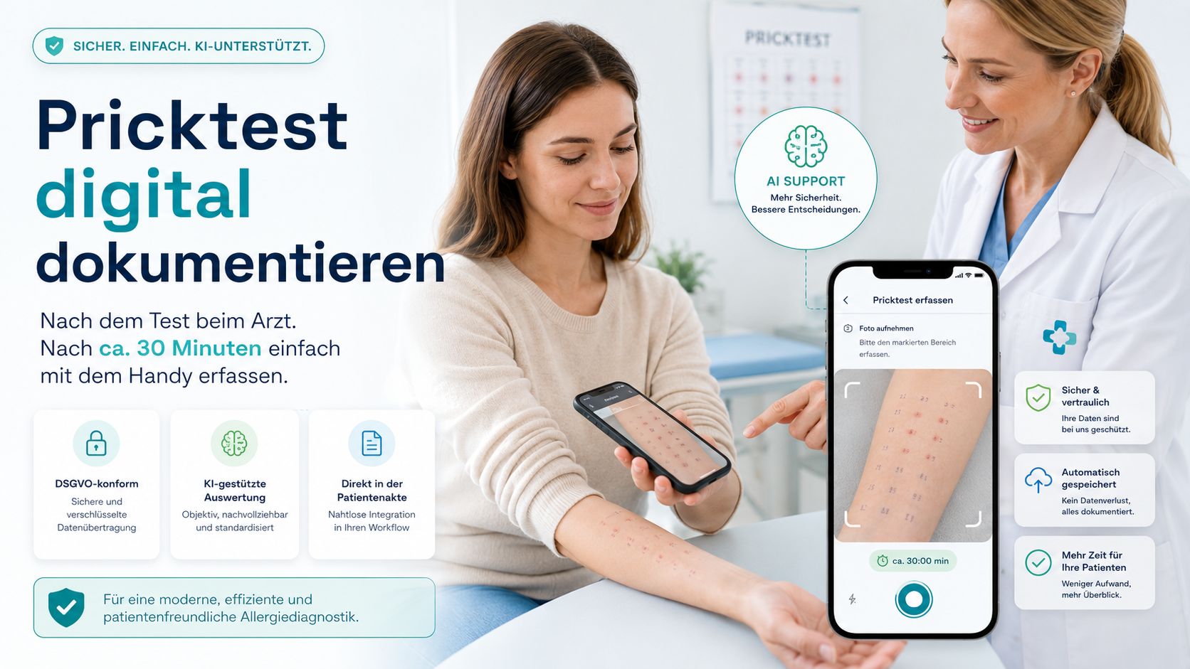 Illustration: Patientin fotografiert ihren Pricktest am Unterarm, Ärztin daneben, App mit 30-Minuten-Timer