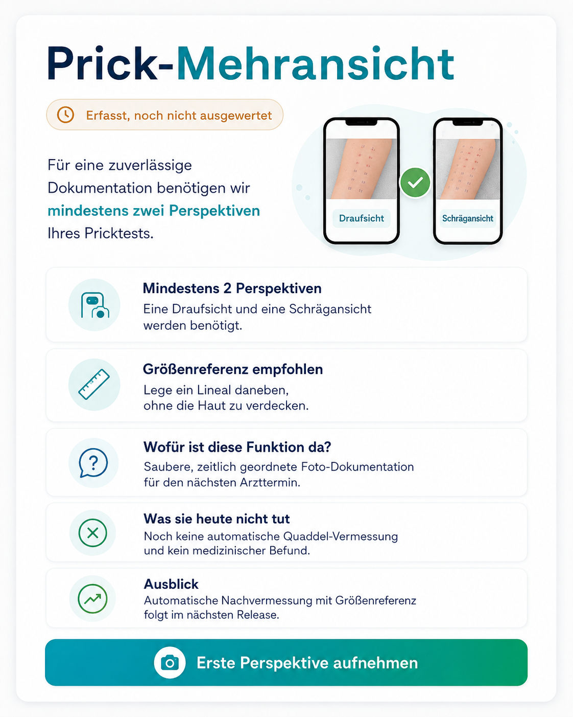 Illustration zweier Smartphone-Ansichten: Draufsicht und Schrägansicht des Pricktests