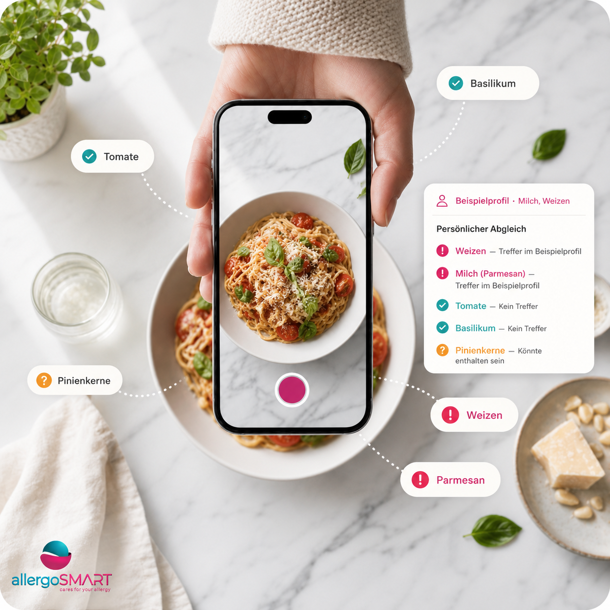 Beispiel: Foto eines Pasta-Gerichts mit erkannten Zutaten und Allergie-Abgleich