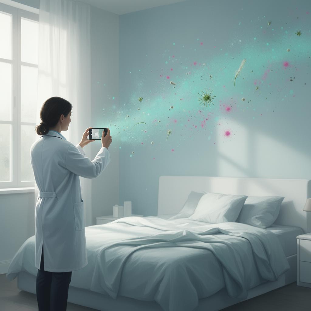 Person fotografiert ein Schlafzimmer mit dem Smartphone; angedeutete Allergen-Partikel in der Luft