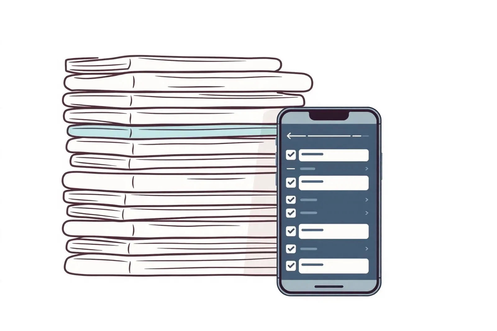 Illustration: Papierstapel mit Befunden, daneben ein Handy, auf dem dieselben Blätter geordnet erscheinen