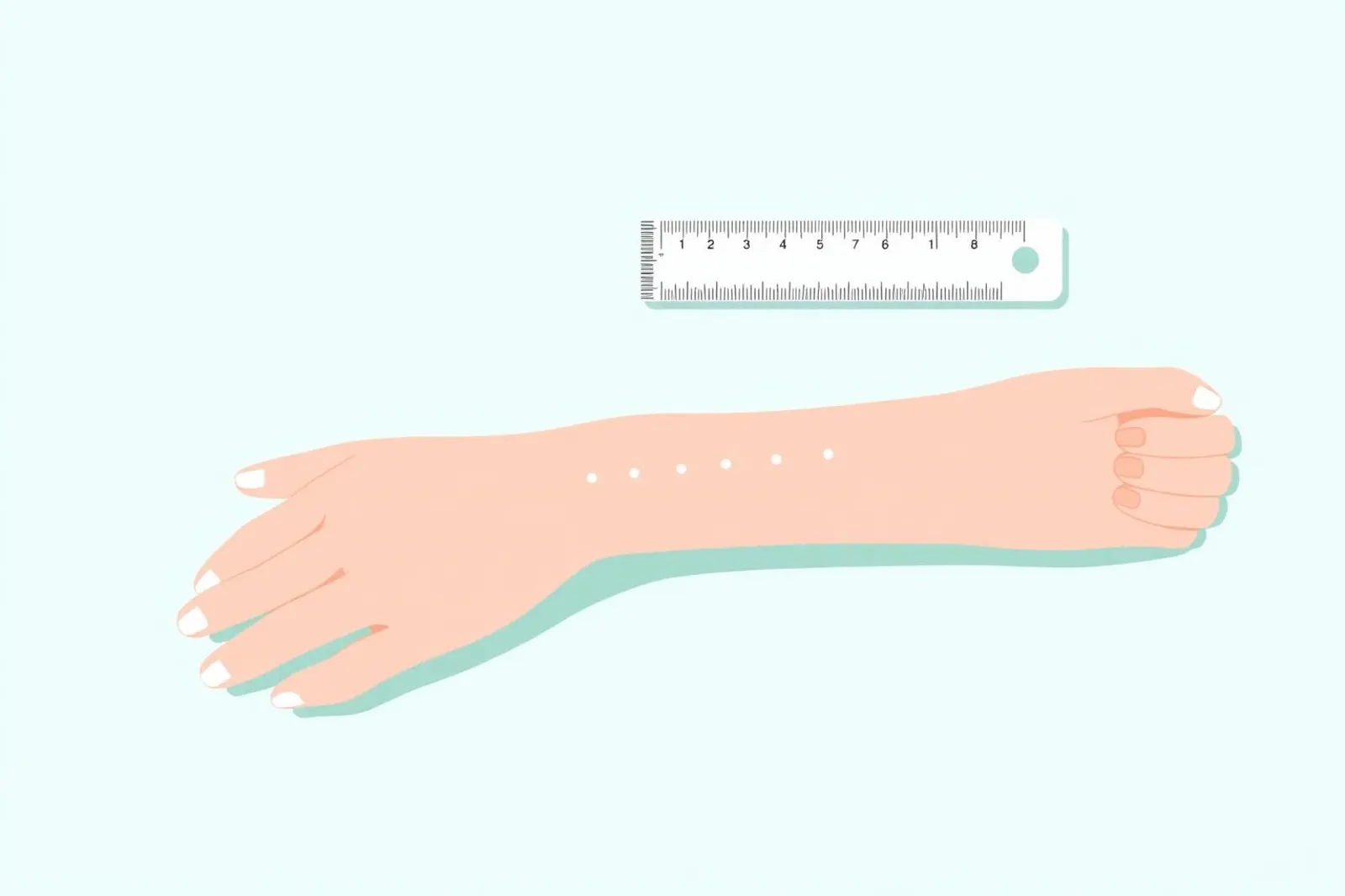 Schematische Illustration: Unterarm von oben mit einer Reihe kleiner Testmarkierungen, daneben ein Lineal