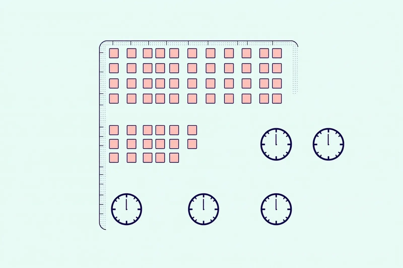Schematische Illustration: Rücken mit Pflasterstreifen in Reihen und drei Zeitmarken für die Ablesungen